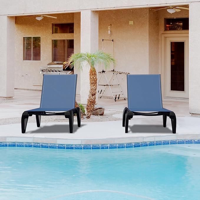 Outdoor Chaise Lounge 2 Pieces Aluminum Patio Lounge Chair with 5 Adjustable Position Recliner Chair Outside Tanning Chairs for Patio, Beach, Yard, Pool (Navy Blue)