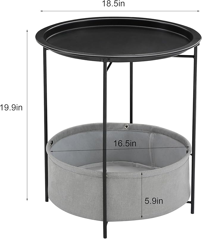 VECELO Round Side/End Table with Fabric Storage Basket，Metal Anti-Rust and Waterproof Small Bedside Nightstand with - Photo 3