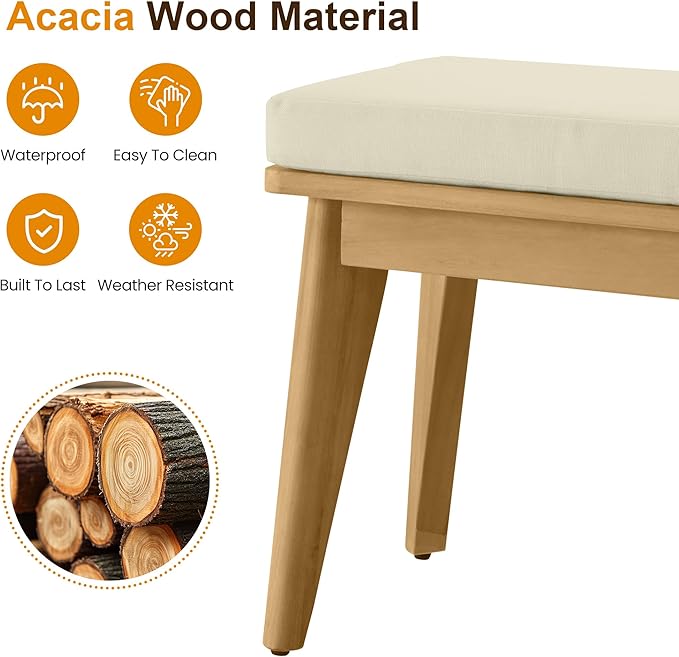 Acacia Outdoor Bench, 59" L×15.82" W Porch Bench with Removable and Washable Cushion, All-Weather Solid Wood Outside Chair for Proch Garden, Lawn