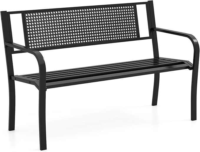 Tangkula Metal Patio Park Bench, 50 Inches Outdoor Garden Bench with Patterned Backrest and Curved Armrests, 2-3-Person Patio Bench, Outdoor Metal Loveseat Chair for Porch, Lawn, Park