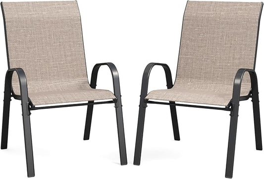 Patio Dining Chairs Set of 2, Outdoor Stackable Chairs, Breathable Seat and Alloy Steel Frame Fit for Backyard,Garden,Porch, Lawn，Poolside (Light Brown)