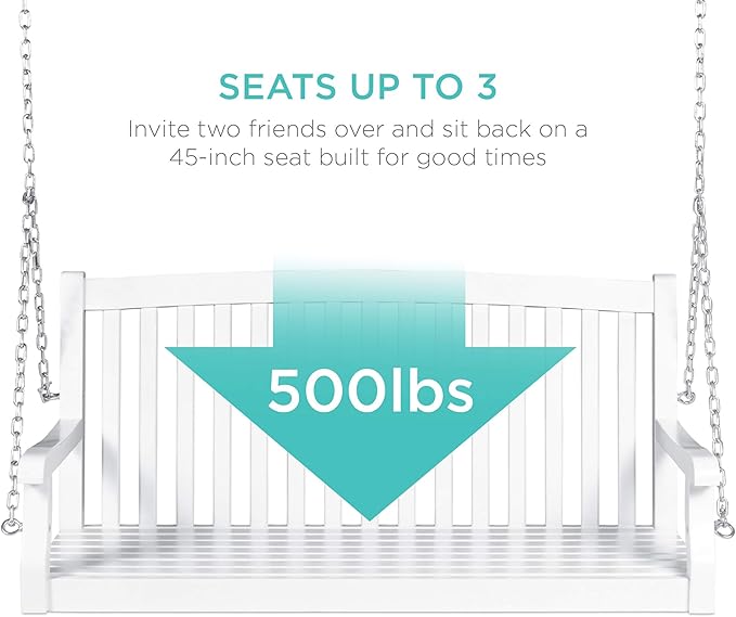 Best Choice Products 48in Wood Porch Swing Outdoor Patio Hanging Bench Chair Furniture for Deck, Garden - Photo 4