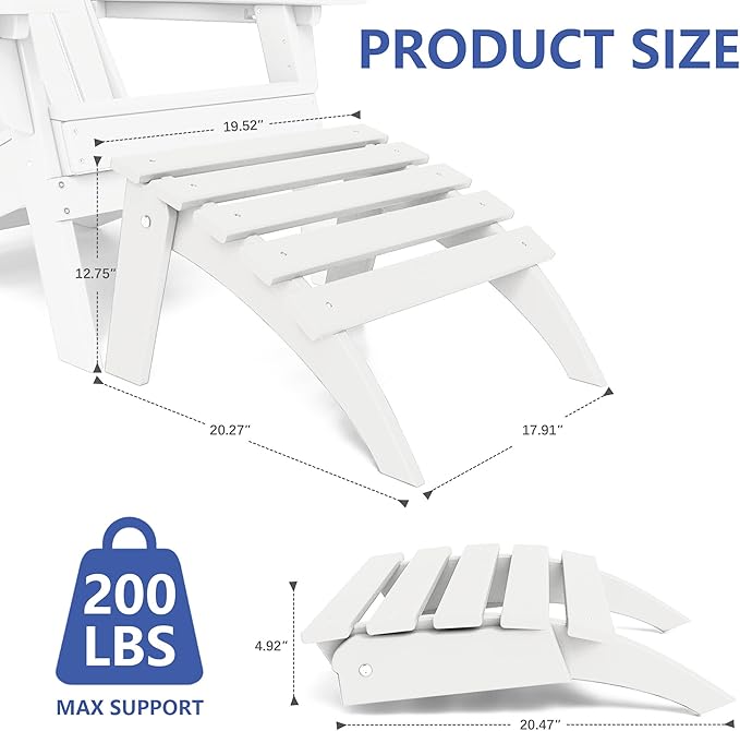 FOOWIN Folding Adirondack Ottoman Set of 4, HDPE All Weather Adirondack Footrests, Ottoman for Adirondack Chair,Patio Footstool for Outside Easy Storage,for Patio, Backyard, Porch, Garden, White