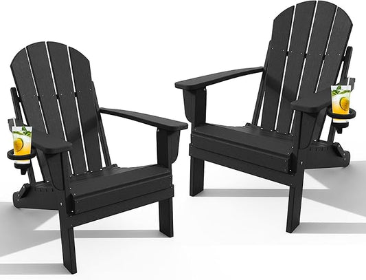 Adirondack Chair with Cup Holder Set of 2, Folding HDPE Patio Chairs, Outdoor Plastic Fire Pit Chair, Wood Texture, Lawn Chairs for Deck, Porch, Backyard, Garden, Black