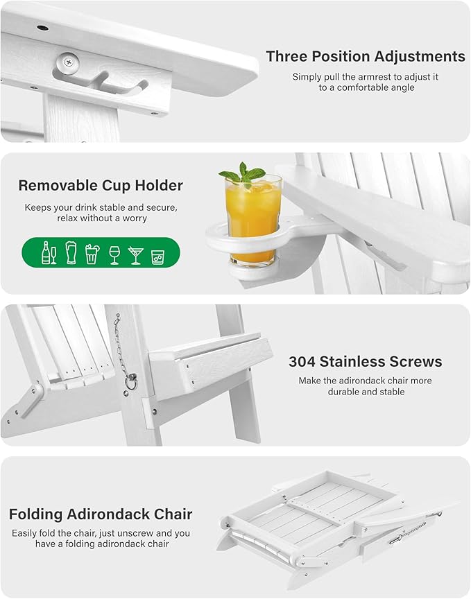YEFU Adirondack Chair Set of 4 for Outdoor: Folding Plastic Composite Chair with Cup Holder for Patio - All-Weather Foldable Adjustable HDPE Fire Pit Adirondack Chairs - Modern Wood Texture