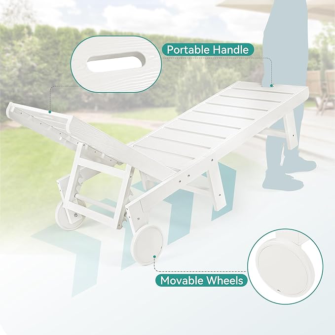 Outdoor Chaise Lounge Chairs with Table, 3-Piece, 26.8” Super Wide Lounge Chair Outdoor, HDPS Pool Chairs with 5 Positions, Patio Lounge Chair with Wheels for Pool,Lawn,Backyard, White