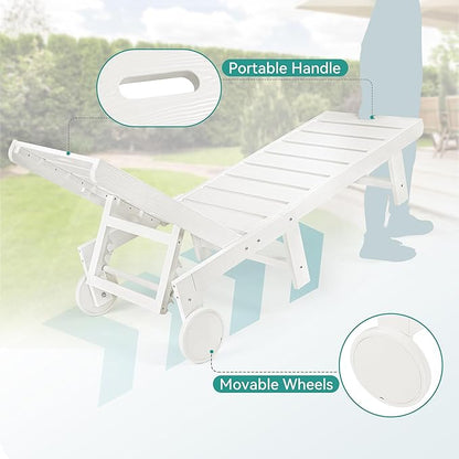 Outdoor Chaise Lounge Chairs with Table, 3-Piece, 26.8” Super Wide Lounge Chair Outdoor, HDPS Pool Chairs with 5 Positions, Patio Lounge Chair with Wheels for Pool,Lawn,Backyard, White