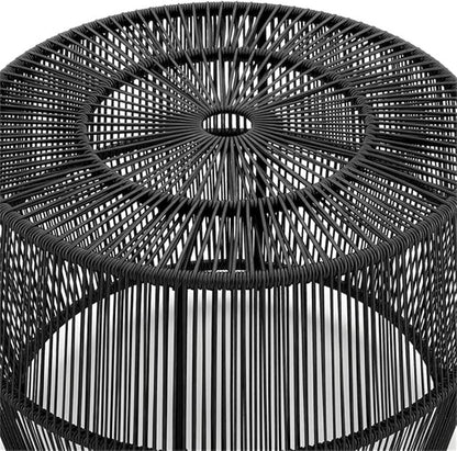 Round Outdoor Coffee Table, 21.7" W x 15.8" H, PE Wicker Rattan, Black Finish, Metal Frame, Lightweight Coastal Style, Weatherproof Design for Patio, Garden, Poolside, or Indoor Spaces