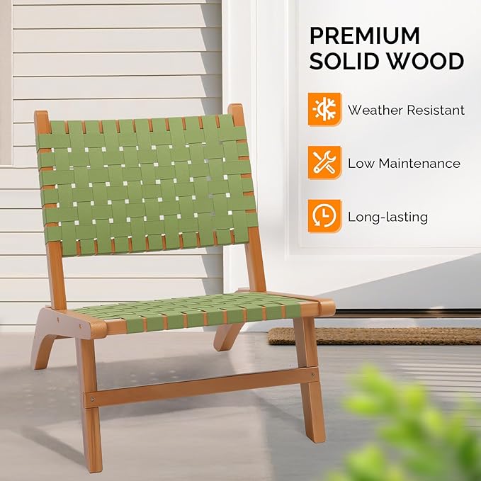 VINGLI Wooden Outdoor Chair, All-Weather Patio Seat with PE Woven Fabric, Adirondack Chair for Lawn, Balcony, Deck (1, Green and Brown)