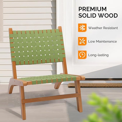 VINGLI Wooden Outdoor Chair, All-Weather Patio Seat with PE Woven Fabric, Adirondack Chair for Lawn, Balcony, Deck (1, Green and Brown)