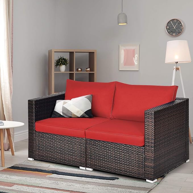 Tangkula 2 Seat Outdoor Wicker Loveseat Sofa Set, Modular PE Rattan 2 Pieces Outdoor Wicker Corner Sofa, Outside Furniture Set for Deck, Backyard, Porch, Garden & Poolside, Red