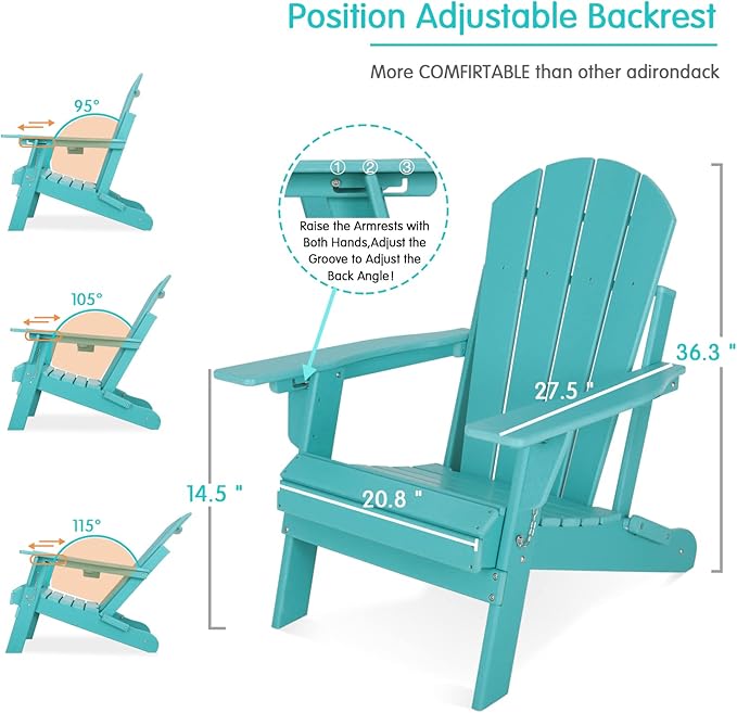 Lepdep Folding Adirondack Chair Modern Adjustable Plastic Outdoor Fire Pit Chair Weather Resistant 3-Positons Patio Chair with Cup Holder for Outdoor Porch Garden Backyard Deck and Pool, Blue…