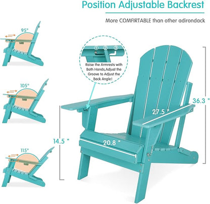 Lepdep Folding Adirondack Chair Modern Adjustable Plastic Outdoor Fire Pit Chair Weather Resistant 3-Positons Patio Chair with Cup Holder for Outdoor Porch Garden Backyard Deck and Pool, Blue…
