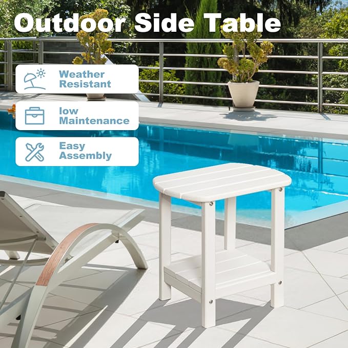 Adirondack Outdoor Side Table, 16.5” HDPE Small Patio Table with Storage Shelf, Weather Resistant End Table for Porch, Pool & Yard (White)