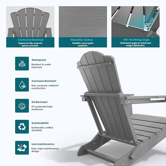 Folding Adirondack Chair, HDPE All-Weather Outdoor Chair with Cup Holder, Wooden Textured, Fire Pit Chair - Photo 6