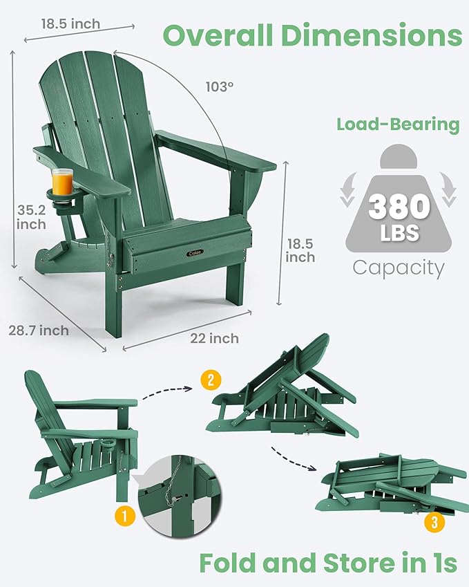 Ciokea Folding Adirondack Chair 2 Pack, Patio Adirondack Chair Weather Resistant, Plastic Fire Pit Chair with Cup Holder - Photo 3