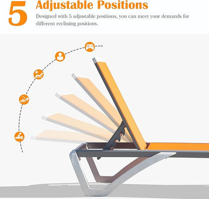 Domi Outdoor Lounge Chair, Aluminum Patio Chaise Lounge with 5 Position Adjustable Backrest and Wheels, All Weather Reclining Chair with Side Table for Patio, Yard,Balcony,Poolside (Orange)