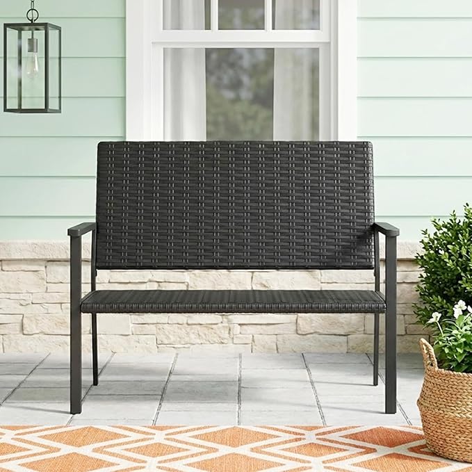 AECOJOY Outdoor Garden Bench, Weatherproof Wicker Outside Benches Clearance, Black Patio Loveseat with Backrest Armrests for Lawn Yard Porch Work Entryway (Black Rattan Back)