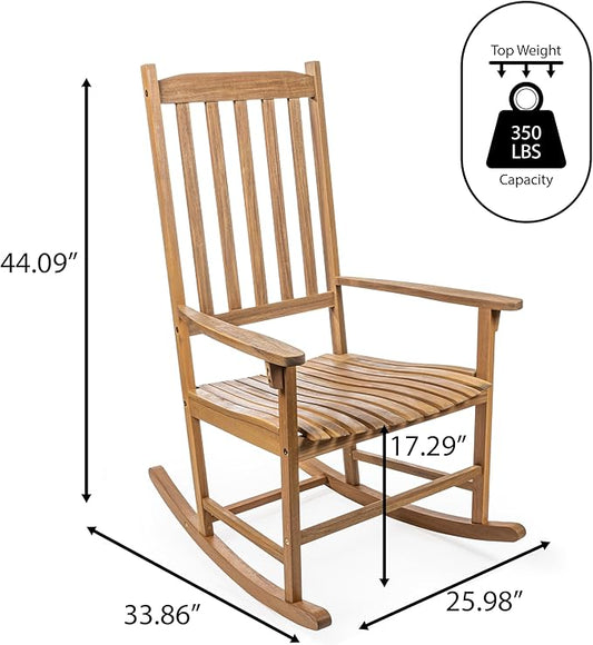 Eyely KCR300A Orvindar Farmhouse Classic Slat-Back 350-LBS Support Acacia Wood Outdoor Rocking Chair, Teak Brown