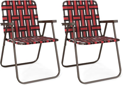 GYMAX Lawn Chair Folding, Webbed Beach Lounge Chairs Set with Highback, Outdoor Portable Lightweight Camping Dinning Chair for Patio, Lawn, Poolside, Sports, Garden, Backyard (2,Red)