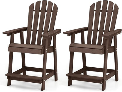 Giantex Tall Adirondack Chair Set of 2, HDPE Outdoor Bar Stools with Armrests, 4.5” Wide Footrest, Patio Adirondack Barstools, All-Weather Balcony Chairs for Poolside, Garden, Backyard (2, Brown)