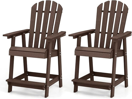 Giantex Tall Adirondack Chair Set of 2, HDPE Outdoor Bar Stools with Armrests, 4.5” Wide Footrest, Patio Adirondack Barstools, All-Weather Balcony Chairs for Poolside, Garden, Backyard (2, Brown)