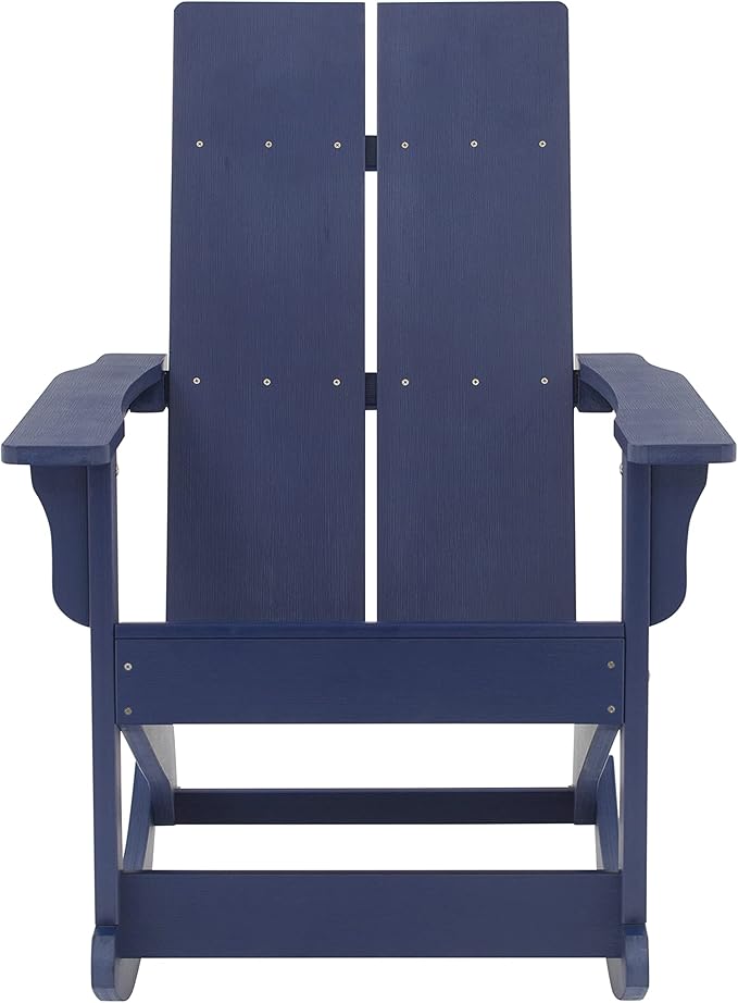 Flash Furniture Finn Modern Commercial Grade Poly Resin Wood Adirondack Rocking Chair - All Weather Navy Polystyrene - Dual Slat Back - Stainless Steel Hardware