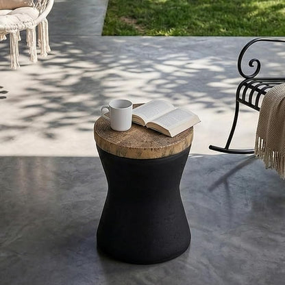 SUNBURY Outdoor Accent Table, 13" W Hourglass Shaped Outdoor Side Table for Patio, Concrete Garden Stool End Table, Morden Concrete Wooden-Look Top for Bedroom, Garden, Backyard