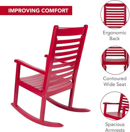 Shine Company Modern Wood Rocking Chair, Ergonomic Wide Seat Porch Rocker, Chili Pepper