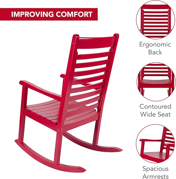 Shine Company Modern Wood Rocking Chairs, Ergonomic Wide Seat Porch Rockers, 2-Pack, Chili Pepper