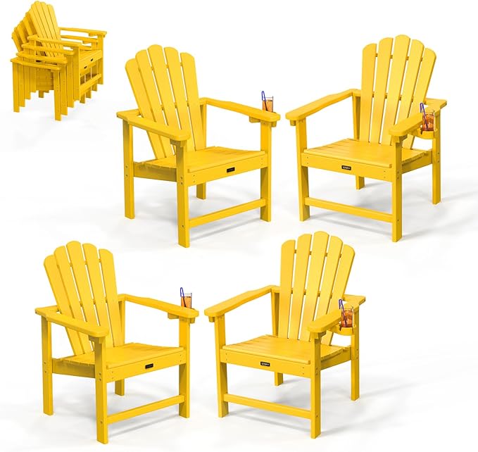 VINGLI Plastic Folding Adirondack Chair with Cup Holder, 100% Recyclable HDPE Material, 380lb Weight Capacity for Outdoor Pool Patio Lounge Chair Lawn Furniture Fire Pit, 4 Pack, Lemon Yellow