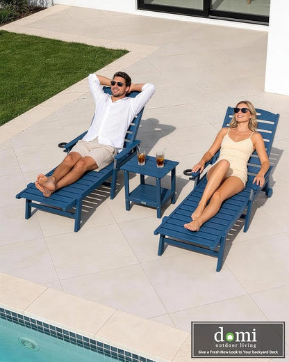 Domi Pool Lounge Chairs Set of 2 with Table, HDPE Outdoor Chaise Lounge Chairs for Outside, Pool Loungers for Poolside, Patio, Sunbathing Tanning, Blue