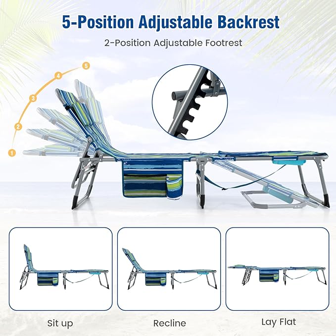 Giantex Set of 2 Tanning Chair with 5 Adjustable Position, Face & Arm Hole, Hand/Shoulder Strap, Removable Pillow, Side Pocket, Load 330 Lbs, Outdoor Lounge Chair for Sunbathing, Beach, Stripe