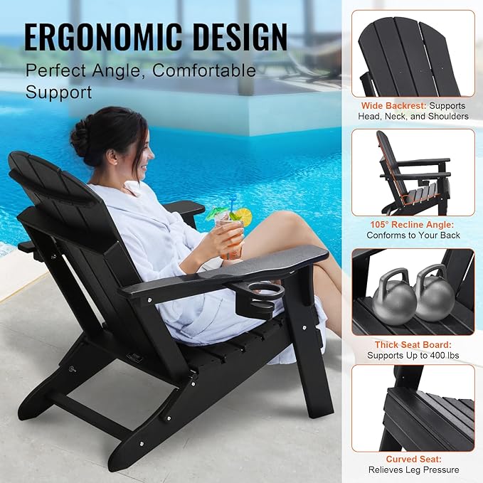 VEVOR Folding Adirondack Chairs Set of 2 with Cup Holder, All-Weather Portable Plastic Fire Pit Chair, Outdoor Adirondack Patio Chair, with Relaxing Arm Rest Ergonomic, for Garden, Backyard, Black