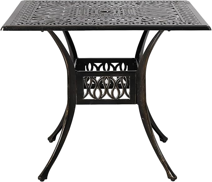 VIVIJASON 35.4" Outdoor Patio Dining Square Table Bronze Cast Aluminum Rustic Large Patio Table with Umbrella Hole
