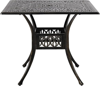 VIVIJASON 35.4" Outdoor Patio Dining Square Table Bronze Cast Aluminum Rustic Large Patio Table with Umbrella Hole