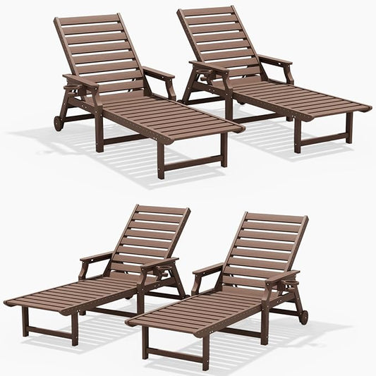 5-Position Adjustable Patio Chaise Lounge - 78'' HDPE Outdoor Lounger with Rolling Wheels & Cup Holder, Longer, Wider, Higher - Perfect for Poolside & Deck, Brown, 4pcs