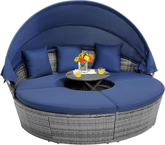 HAPPYGRILL Rattan Daybed with Canopy, Outdoor Wicker Round Daybed Patio Sectional Seating with Cushions & Adjustable Side Table, Patio Furniture for Backyard Porch Poolside