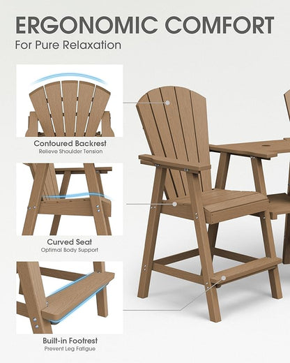 Tall Adirondack Chairs Set of 4, HDPE High Adirondack Chairs with Double Removable Trays, All Weather Outdoor Barstools for Patio, Balcony, Backyard, Deck and Garden, Teak