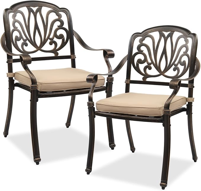 VINGLI Patio Chairs Set of 2- Cast Aluminum Outdoor Dining Chairs with Cushion, Metal Armchairs for Poolside, Backyard, Balcony (2, Elizabeth Back with Cushion)