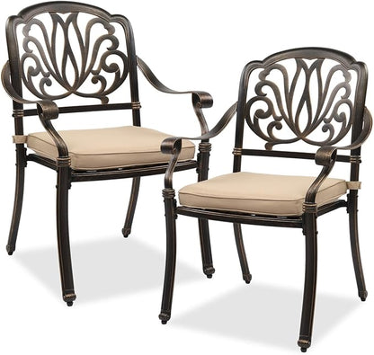 VINGLI Patio Chairs Set of 2- Cast Aluminum Outdoor Dining Chairs with Cushion, Metal Armchairs for Poolside, Backyard, Balcony (2, Elizabeth Back with Cushion)