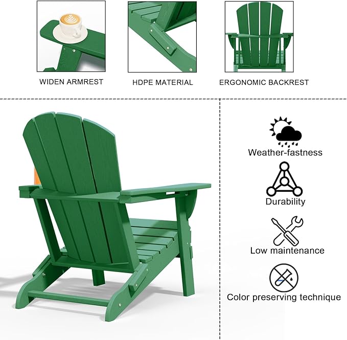 Folding Adirondack Chairs with Cup Holders, Set of 4 HDPE Plastic Outdoor Chairs, Weather Resistant, Real Wood Look - Photo 4