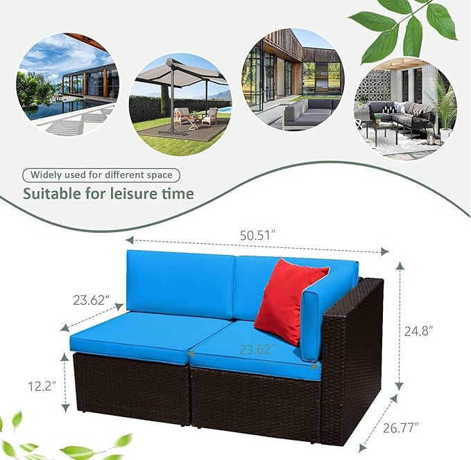 Devoko 2 Pieces Patio Furniture Sofa Sets Outdoor All Weather Sectional Corner Sofa and Armless Sofa (Blue) - Photo 7