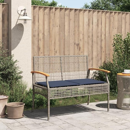 vidaXL Elegant Garden Bench with Removable Cushion | Outdoor Seating in Grey Poly Rattan and Acacia Wood Sturdy Comfortable Perfect for Patio Or Park Fits 2 Adults Weather Resistant Furniture