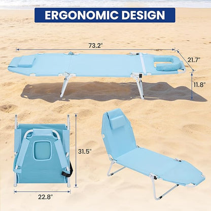 LILYPELLE Folding Chaise Lounge Chair with Mattress, 5 Position Beach Chair with Face Hole, Patio Chaise Lounge Chairs for Outside, Sunbathing, Camping, Pool, Beach, Poolside
