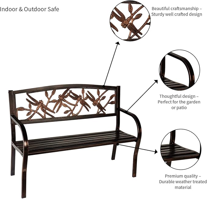 Evergreen Garden Weatherproof Dragonfly Outdoor Bench | Holds Up to 300 lbs. | Furniture for Lawn Garden Patio Porch Park Deck | Steel | Bronze