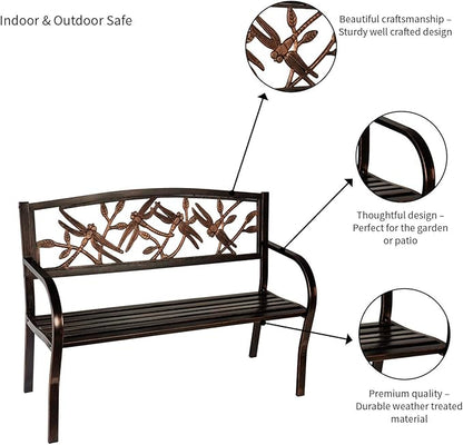 Evergreen Garden Weatherproof Dragonfly Outdoor Bench | Holds Up to 300 lbs. | Furniture for Lawn Garden Patio Porch Park Deck | Steel | Bronze