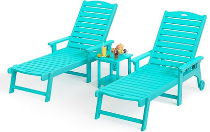 LUE BONA HDPS Chaise Lounge Chairs Set with Table, 3-Piece, Outdoor Pool Lounge Chair with Adjustable Backrest, Resin Patio Lounge Chairs with Wheels for Outside, Aruba Blue