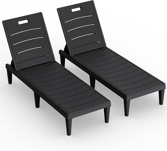 Greesum Outdoor Chaise Lounge Chair Set of 2, Waterproof 5-Position Adjustable PP Sun Loungers for Patio, Poolside, and Beach Sunbathing, Black