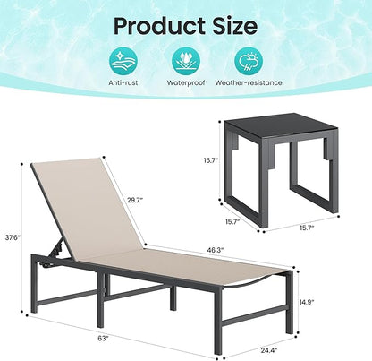 Amopatio 3 Piece Patio Lounge Chair Set, Adjustable Heavy-Duty Chaise Lounge for Outdoor, Weather Resistant Pool Lounge Furniture Set with Table for Backyard Beach, 400 LBS Capacity(Khaki)